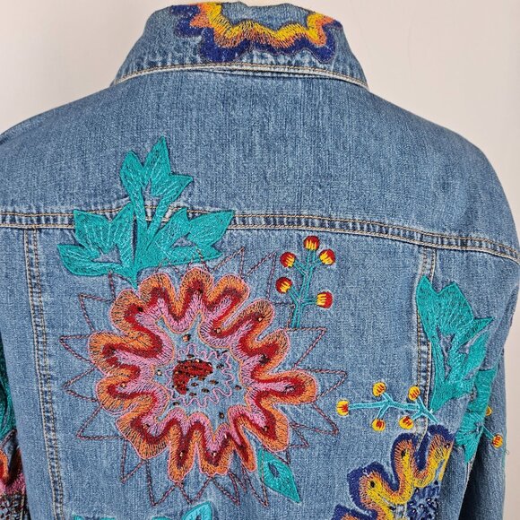 Chicos Design Embroidered Denim Jacket Size Medium 1 Boho Floral Artsy Blue - Picture 6 of 11